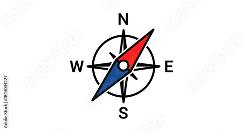 minimalist compass rose illustration with clearly marked cardinal directions n e s w featuring a striking red and blue needle perfect for navigation travel and exploration.