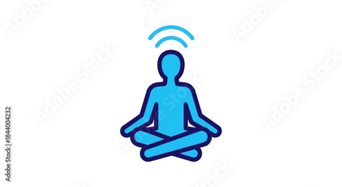 meditation icon blue figure in lotus pose with radiating waves symbolizing mindfulness mental clarity spiritual well-being.