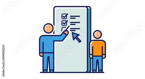 mentor guiding student through digital checklist on large screen with pointer illustrating online education e-learning and task management.