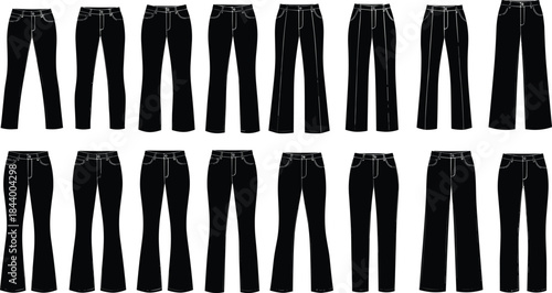 Women's black dress pants vector illustration set with various contemporary, casual, and formal silhouettes including slim, skinny, bootcut, and wide-leg styles for fashion design content.