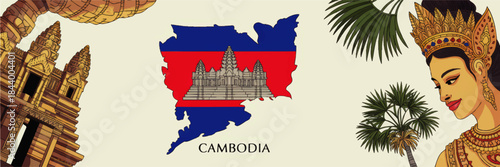 Cambodia travel illustration with Angkor Wat temple, Khmer apsara dancer, palm trees and Cambodian flag map for tourism design