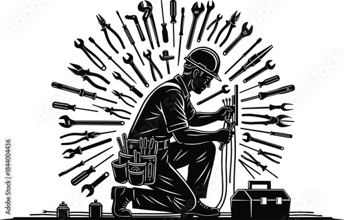 Silhouette electrician repairing electrical wiring with professional tools, skilled maintenance worker kneeling, industrial service and repair concept vector illustration design art