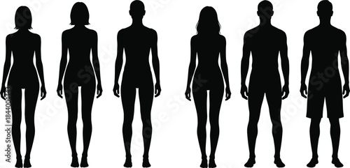 🧍‍♀️ Silhouettes of Diverse Male and Female Body Shapes and Types in Full Length for Fashion, Health, and Fitness Concepts, Vector Illustration
