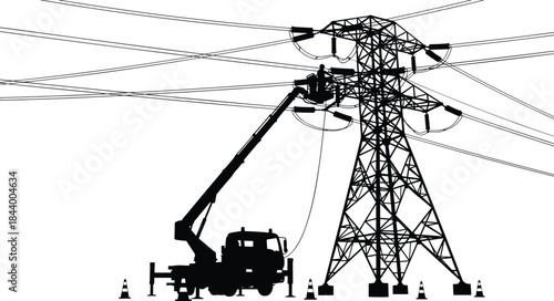 Silhouette of utility bucket truck lineman servicing high voltage transmission tower, electrical maintenance on overhead power lines, energy infrastructure vector illustration