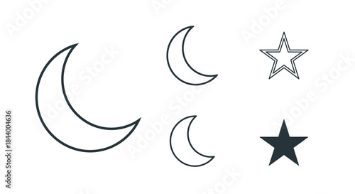 Concept of night sky symbols a collection of minimalistic crescent moon and star icons, perfect for representing dreams, sleep, and celestial themes in graphic design projects