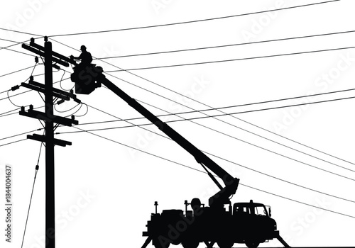 Silhouette of utility bucket truck lineman repairing power lines, electrical worker on lift, overhead transmission infrastructure vector illustration, industry safety concept