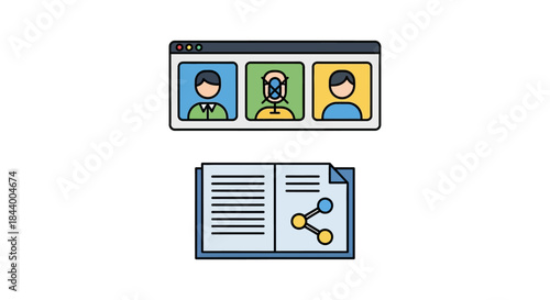 online meeting with muted participant open document with share icon representing remote learning digital collaboration.