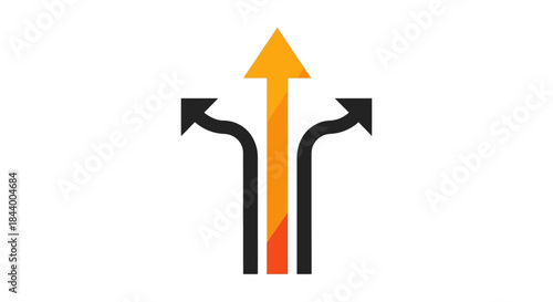multiple black arrows and paths converging into one unified upward-pointing orange arrow illustrating successful business strategy teamwork collaborative growth and achieving common goals