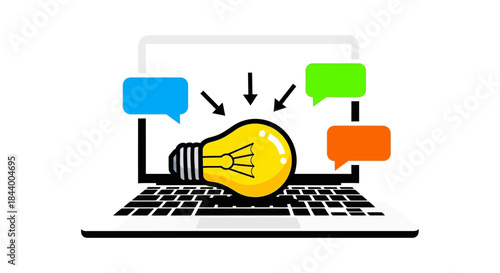 online collaborative brainstorming laptop screen lightbulb speech bubbles arrows. digital ideas problem solving.