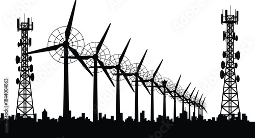 Silhouette of wind turbines aligned with communication towers above city skyline, renewable energy and telecommunications infrastructure vector illustration for sustainable smart urban development