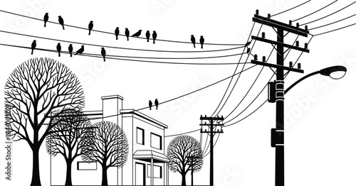 Silhouette suburban neighborhood with birds on power lines, utility poles, trees and houses, urban electricity infrastructure vector illustration for residential landscape design