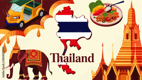 Colorful Thailand travel illustration with tuk tuk, temple, elephant, street food and Thai flag map for tourism design