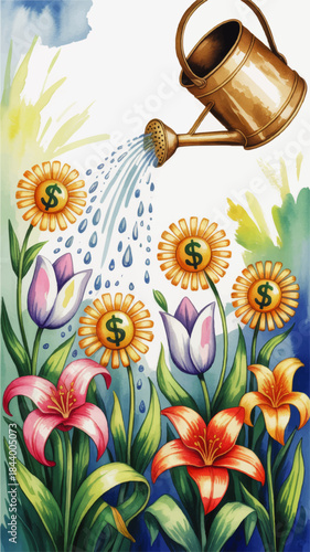 Watering can nurturing money flower garden, colorful financial growth and investment concept illustration, watercolor floral wealth