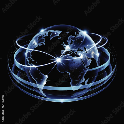 Futuristic digital globe with global network connections and data lines, technology communication background on dark space theme