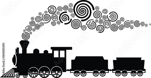 Steam locomotive train silhouette with decorative smoke, vintage railway transport concept, classic engine illustration, black and white vector design