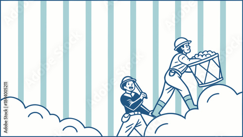 Two construction workers carrying a large drum of materials illustration of teamwork and labor on a striped background with clouds