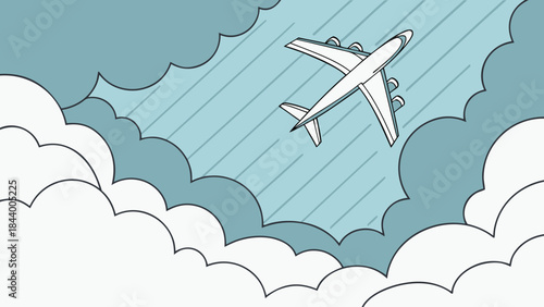 Airplane flying through clouds a simple line art illustration for travel and aviation concepts isolated on a sky background