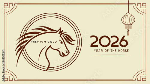 Elegant Year of the Horse 2026 emblem with horse head illustration Chinese New Year celebration graphic and traditional lantern decoration