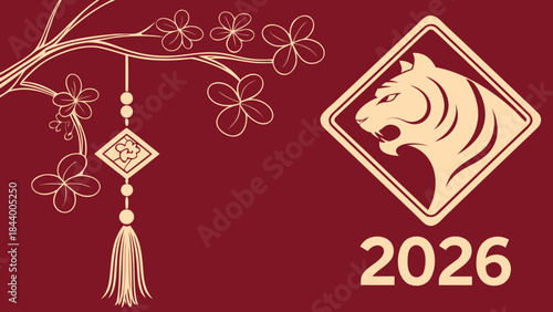 Year of the Tiger 2026 Chinese New Year greeting card design featuring a roaring tiger emblem and traditional floral ornament on a red background