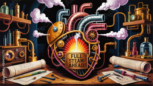 Steampunk heart engine with pipes and gears, motivational full steam ahead text, retro fantasy invention laboratory illustration