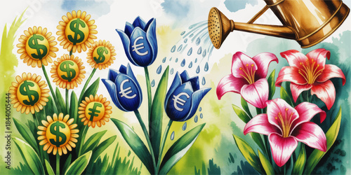 Watering Money Flowers Concept, Euro and Dollar Currency Plants Growing in Garden, Financial Investment Growth Illustration Background