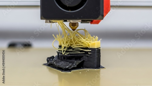3D printer malfunction with tangled yellow filament and a failed print. A common error in additive manufacturing and rapid prototyping technology.