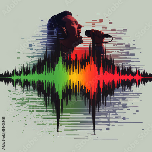 Colorful soundwave with singer and microphone, digital music equalizer art, vibrant audio spectrum illustration for playlist cover