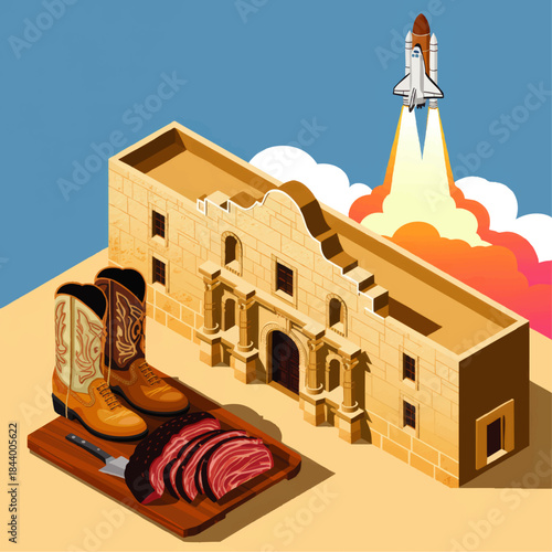 Texas culture illustration with Alamo mission, cowboy boots, barbecue brisket and space shuttle launch under bright desert sky