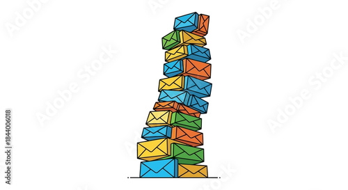 overflowing email inbox illustrated by towering stack of colorful envelopes on white background symbolizing digital communication overload