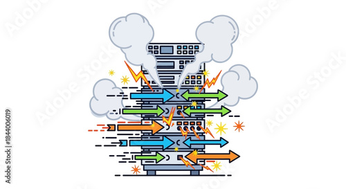 overloaded server under heavy data traffic with smoke and error signals illustrating system failure downtime risk and network security issues