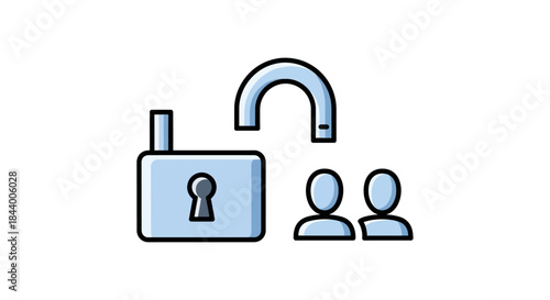 open padlock two user profiles symbolizing public access shared features group permissions and digital security management.