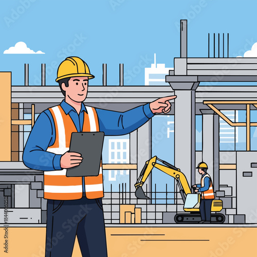 Construction Site Oversight: An architectural engineer, hard hat firmly in place, directs operations at a construction site.