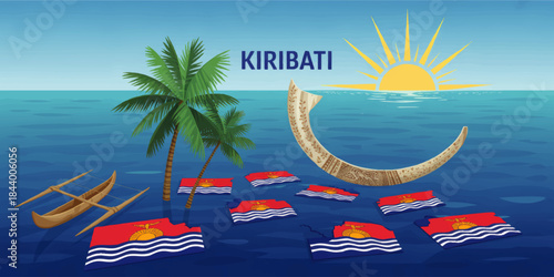 Kiribati island nation illustration with tropical palm trees, traditional canoe, sunrise over Pacific ocean and national flag concept art