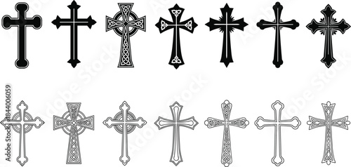 Christian cross symbols collection, black and white religious crucifix icons set, decorative church faith elements vector illustration
