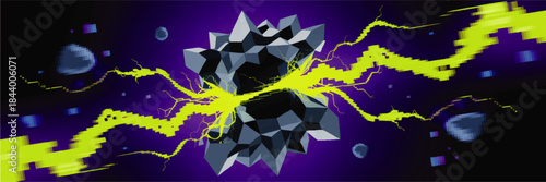 Electric crystal explosion with neon lightning energy in deep space, abstract low poly meteor impact on purple galaxy background