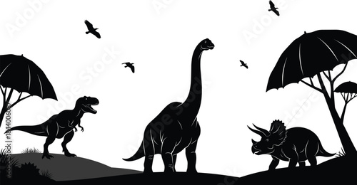Prehistoric landscape silhouette with dinosaurs including t-rex brachiosaurus and triceratops, vector illustration black scene with trees and birds for ancient nature design.