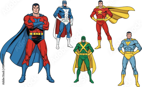 Collection of retro comic superheroes in dynamic standing poses featuring capes, colorful costumes, muscular figures, and classic vintage cartoon character design