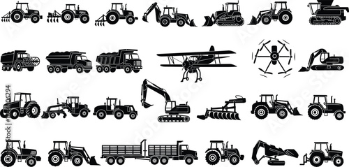 Construction and farming vehicle illustration set featuring tractors, excavators, dump trucks, machinery and equipment for industrial, agriculture and heavy-duty design projects