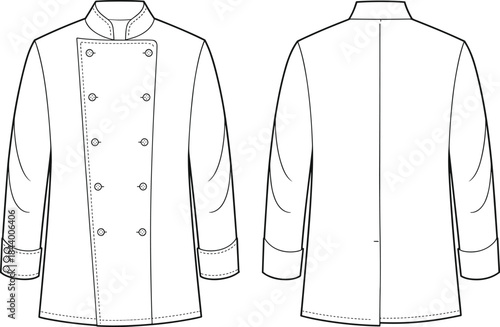 Professional chef uniform technical sketch showing front and back views of double-breasted jacket with buttons, collar, cuffs, and vent.