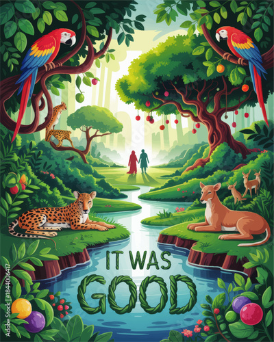 Colorful Garden of Eden illustration with animals, river, tropical forest, Adam and Eve silhouettes, inspirational “It Was Good” text