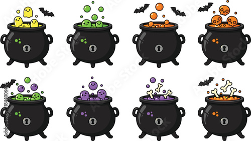 Cute Halloween cauldron set with bubbling potions, ghosts, skulls, bats and colorful magical brew illustration for festive spooky holiday design