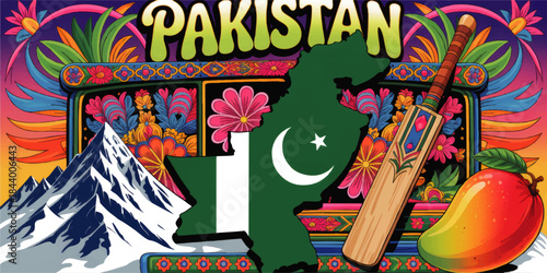 Vibrant Pakistan illustration with truck art, national map, cricket bat, mango and mountain landscape at colorful sunset
