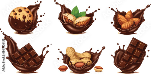 Delicious chocolate splash illustrations with nuts, cookies and bars, sweet dessert ingredients falling into melted chocolate for food advertisement designs