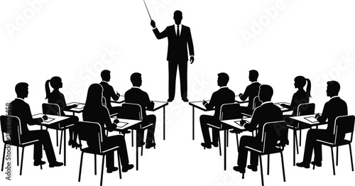 Professional classroom training session silhouette showing instructor teaching attentive adult students seated at desks, educational learning environment, 