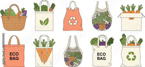 Eco-friendly reusable grocery bags filled with fresh vegetables, sustainable shopping illustration promoting zero waste lifestyle and environmentally conscious market habits