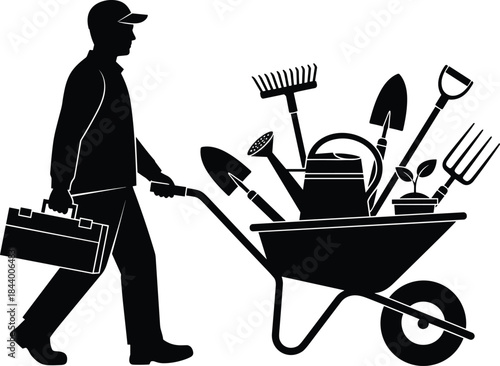 Professional Gardener or Handyman Walking with Tool Box and Pushing a Wheelbarrow Full of Rake, Shovel, and Gardening Equipment Silhouette Vector