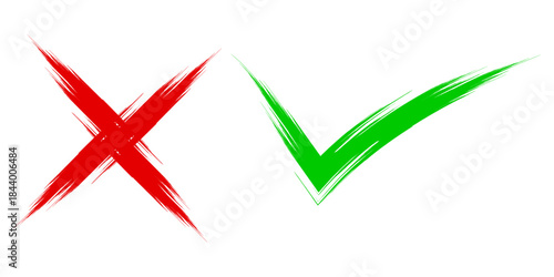 Two dirty grunge hand drawn with brush strokes cross x and tick OK check marks vector illustration isolated on white background. Check mark symbol NO and YES buttons for vote in check box, web, etc.
