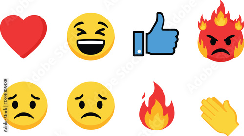 Emoji icon set featuring heart, smile, like, angry fire face, sad emoji, flame and clapping hands for digital expression design projects