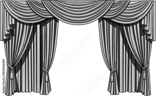 Elegant stage curtain drapery illustration, classic theater window curtains with valance, detailed decorative fabric design isolated white background