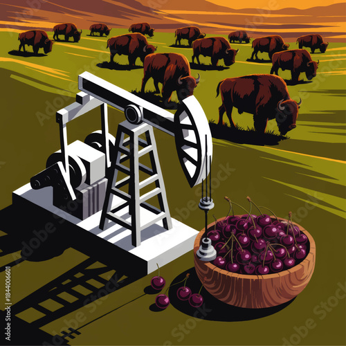 Conceptual oil pump jack with bison herd and bowl of cherries in stylized rural prairie landscape illustration